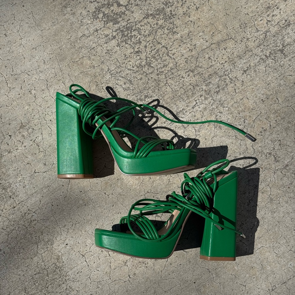 Green Strappy Block Heel Sandals